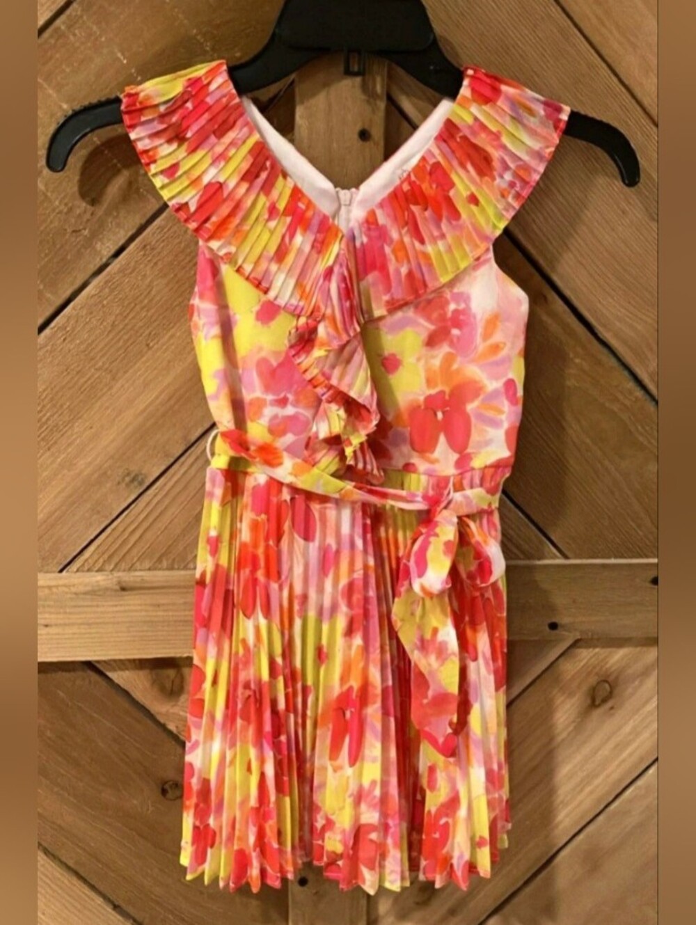 Floral Pleated Ruffle-Front Sleeveless Dress in Pink, Coral & Yellow